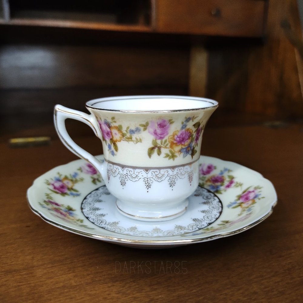 Vintage Gold Castle Made in Japan Floral Demitasse Teacup and Saucer